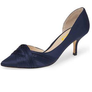 FSJ Navy Mid Heels Pointed Toe Slip on D'Orsay Pleated Satin Pump Office Shoe